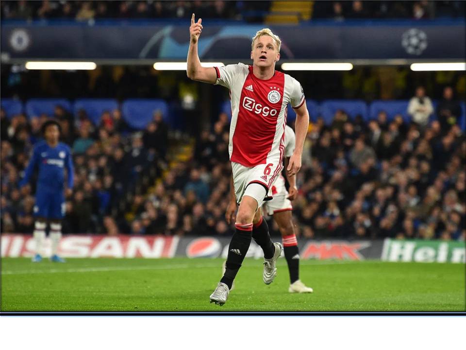 Donny Van de Beek celebrates after scoring past Chelsea in a past Champions League fixture. The Dutchman is set to be United
